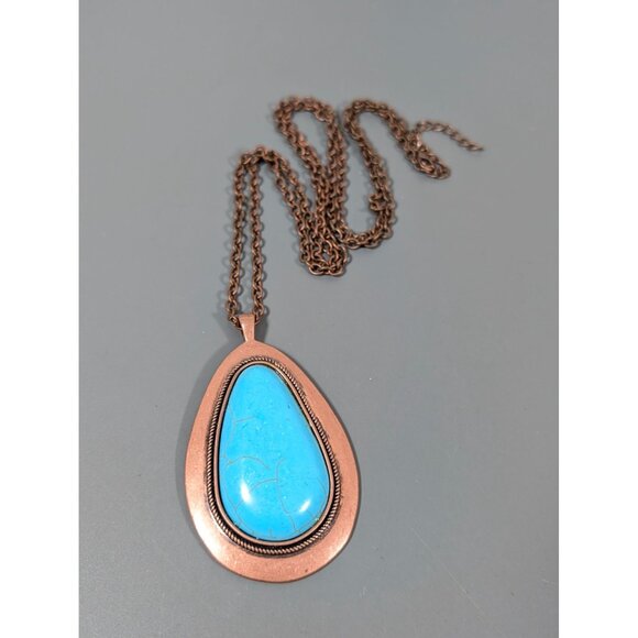 Copper Tone Faux Turquoise Teardrop Stone Cabochon Long Statement Neckalce 38" - Picture 2 of 7